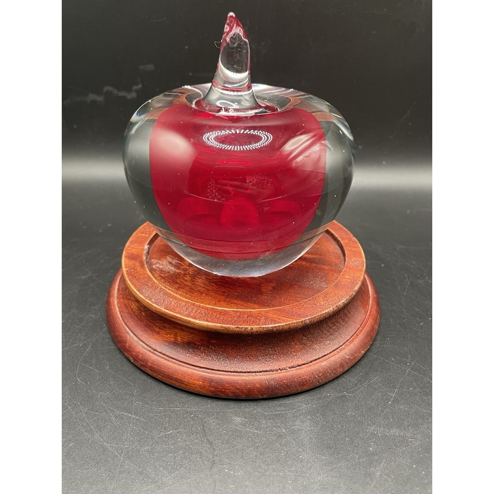 Vtg Art Glass Red Apple Fruit Sculpture Hand Blown Paperweight Clear 4" - Picture 8 of 9